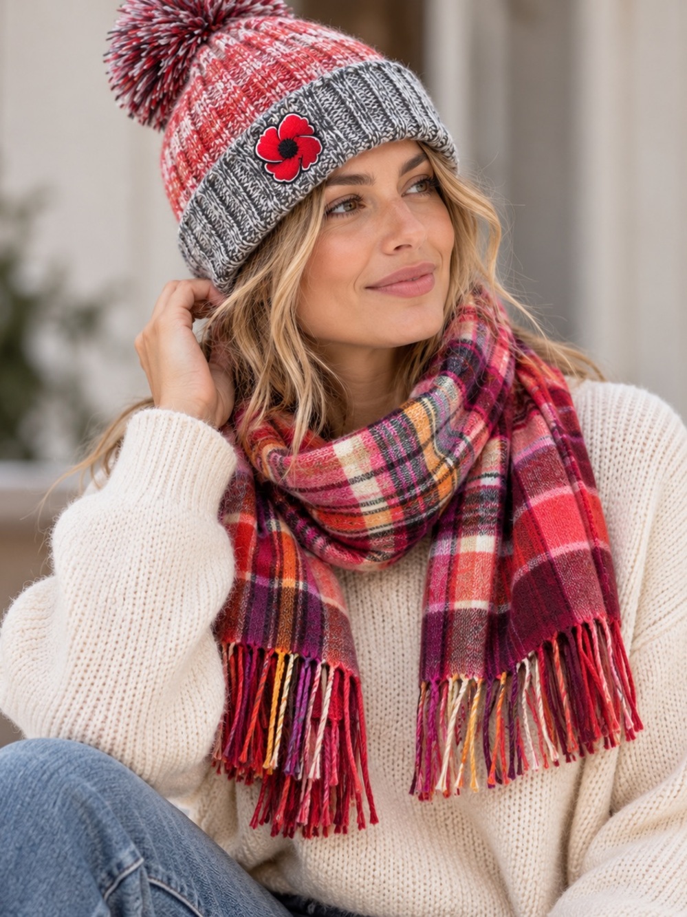 Coshmink Plaid Fringe Scarf & Poppy Pom Beanie Set